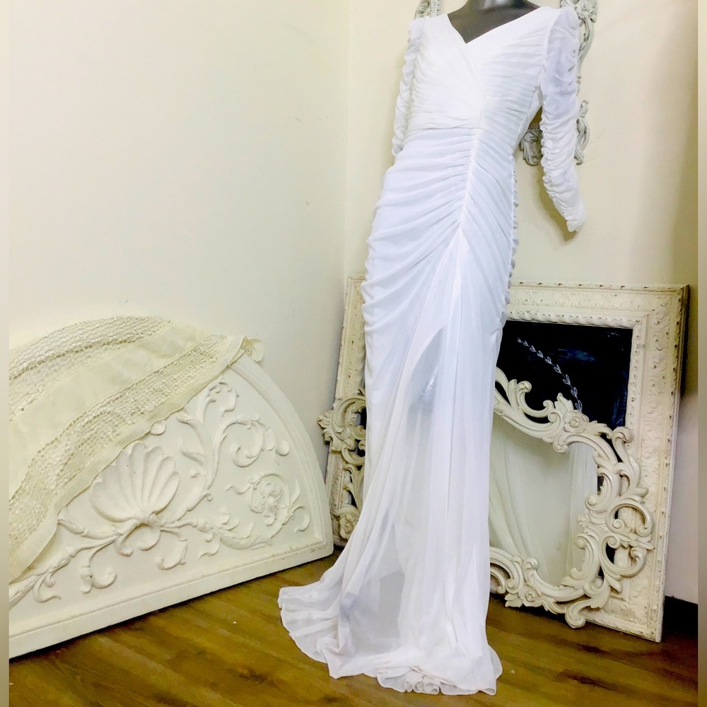 Adrianna Pappell White Ruched Gown Dress